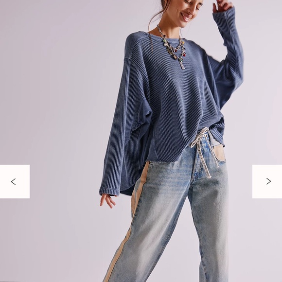 Free People One Blake Waffle Knit Pullover in Dark Denim - Size Small NWOT - Picture 3 of 8